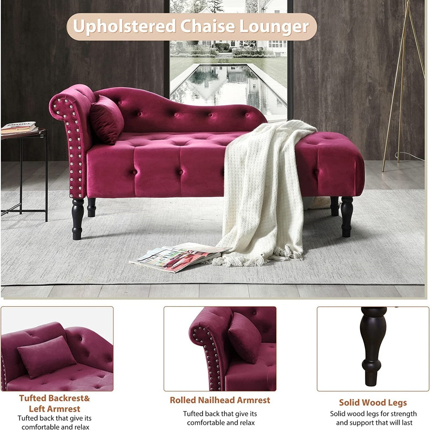 Chaise longue en velours 61 avec 1 oreiller et garniture cloutée