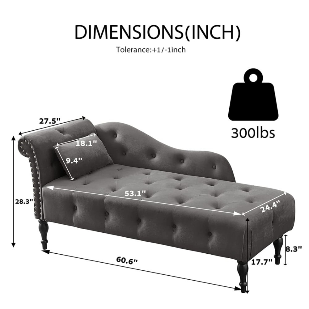 Chaise longue en velours 61 avec 1 oreiller et garniture cloutée