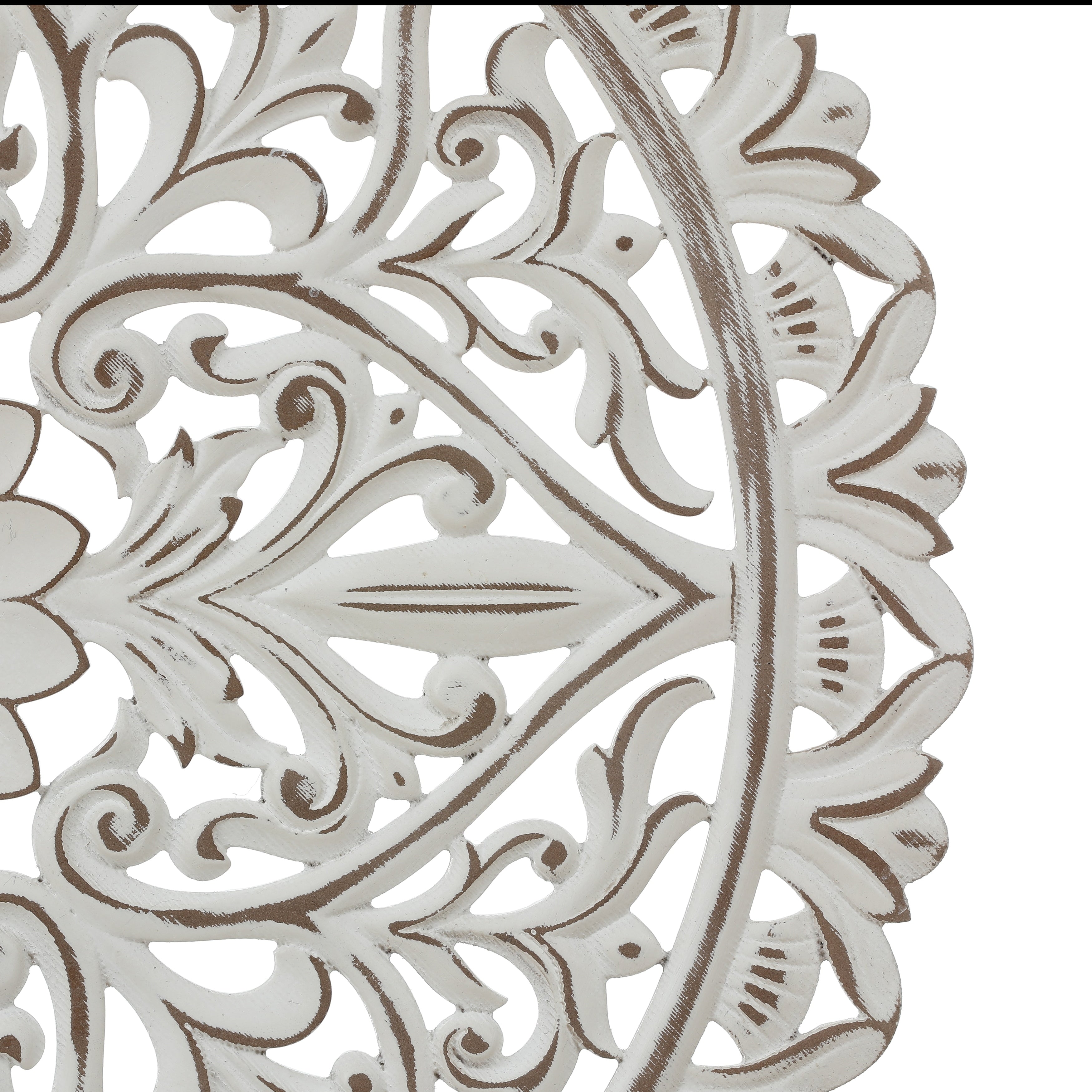 Décoration murale ronde en bois blanc vieilli avec mandala floral (31,5 po)