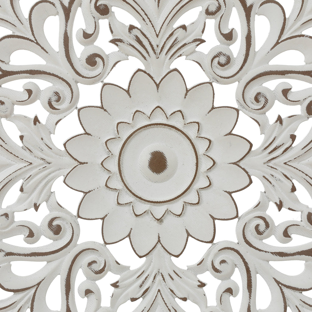 Décoration murale ronde en bois blanc vieilli avec mandala floral (31,5 po)