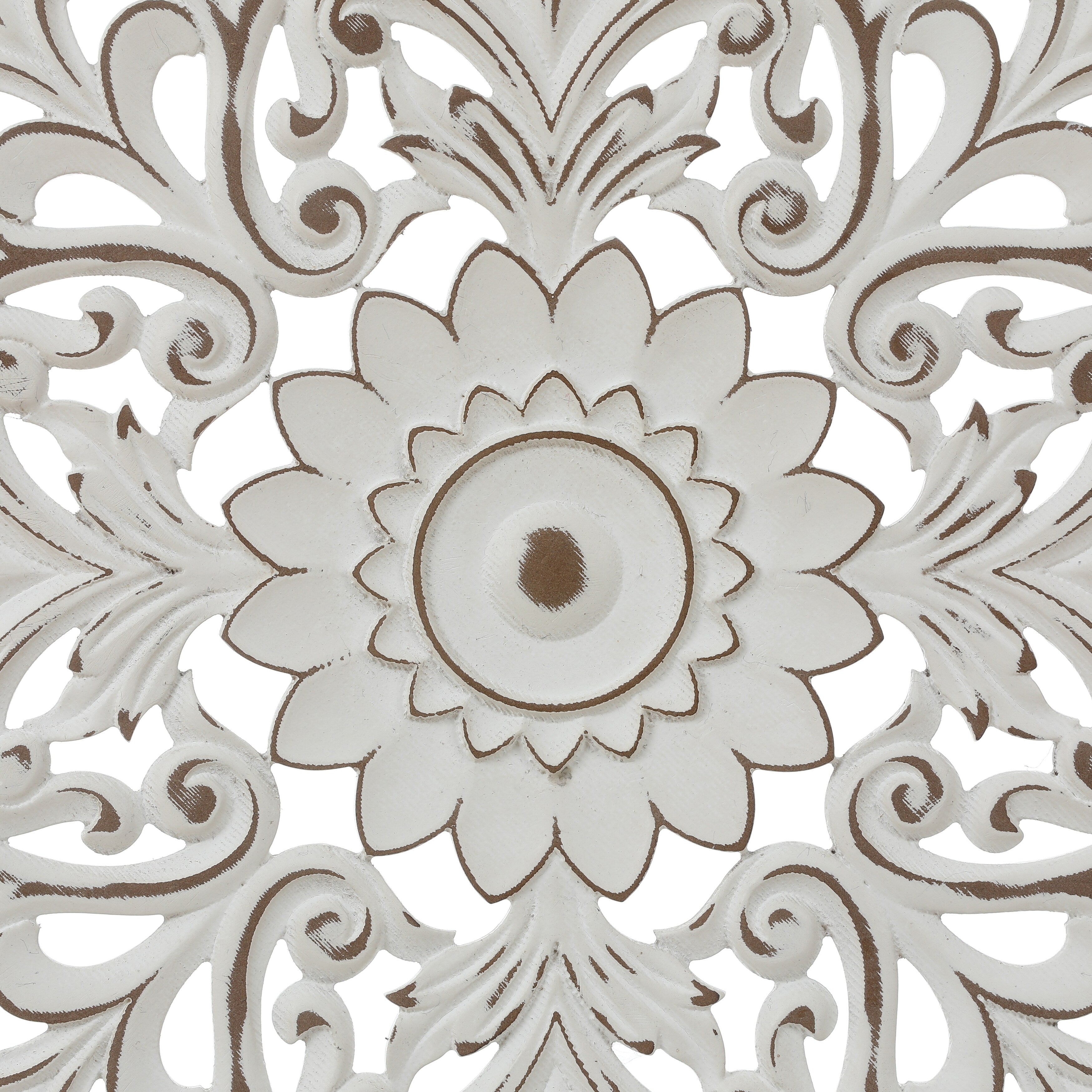 Décoration murale ronde en bois blanc vieilli avec mandala floral (31,5 po)