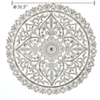 Décoration murale ronde en bois blanc vieilli avec mandala floral (31,5 po)