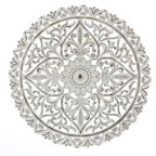 Décoration murale ronde en bois blanc vieilli avec mandala floral (31,5 po)