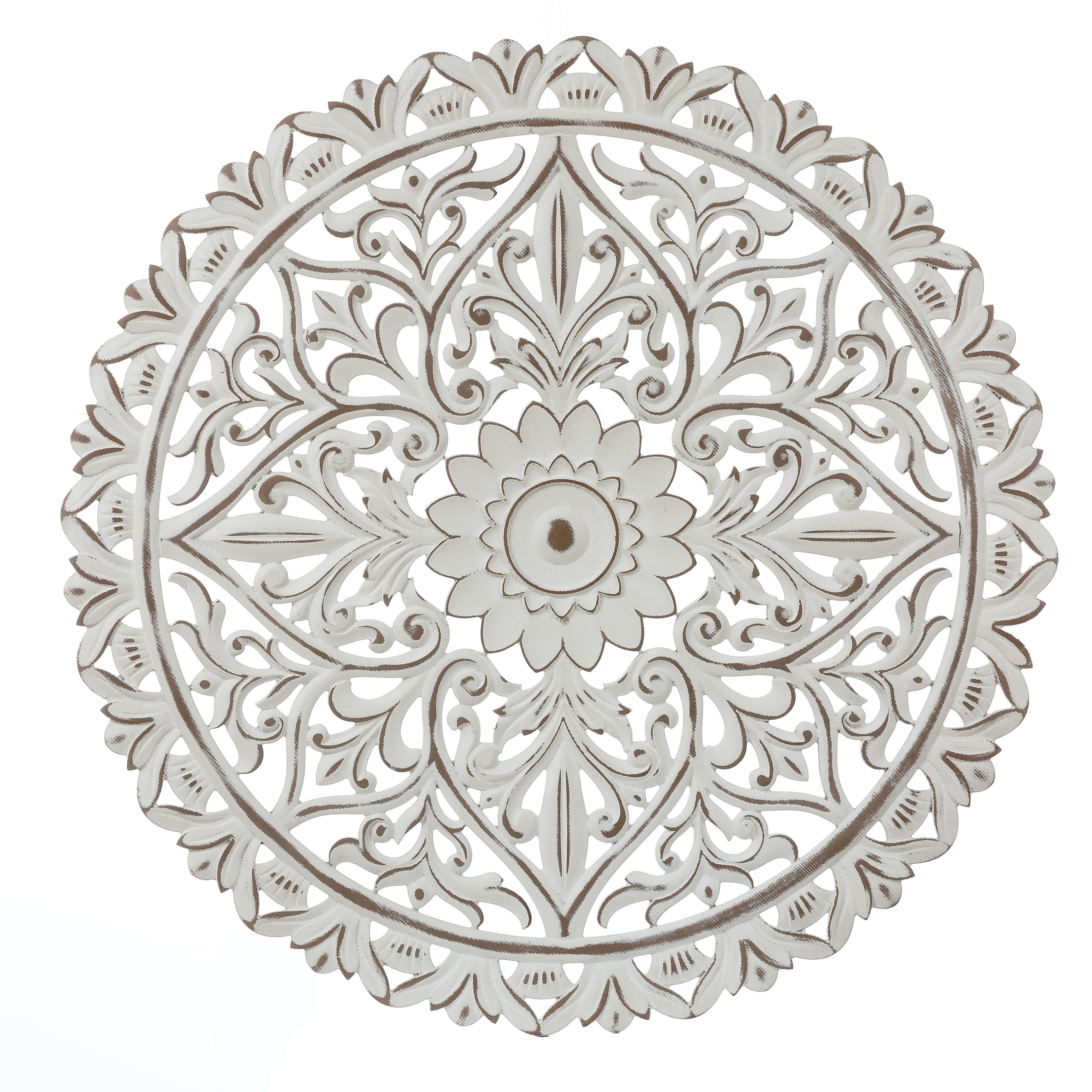 Décoration murale ronde en bois blanc vieilli avec mandala floral (31,5 po)