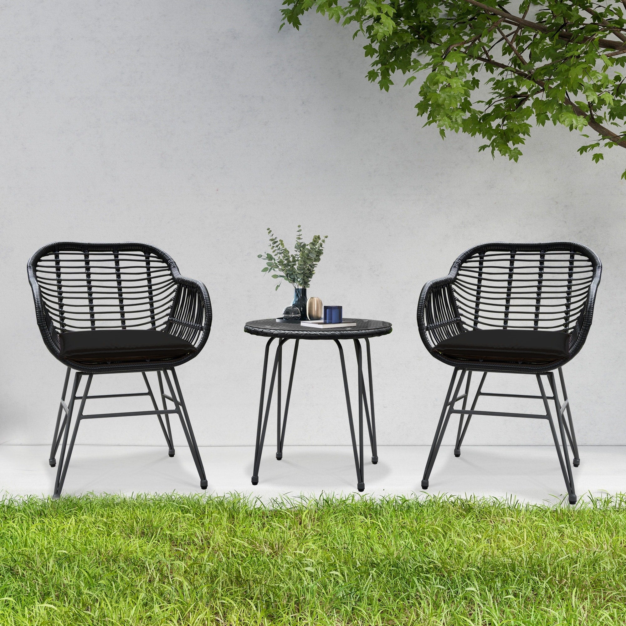Ensemble de 3 chaises de jardin en osier avec coussins pour terrasse, piscine, jardin et véranda - 21,2 L x 23,6 l x 31,5 H