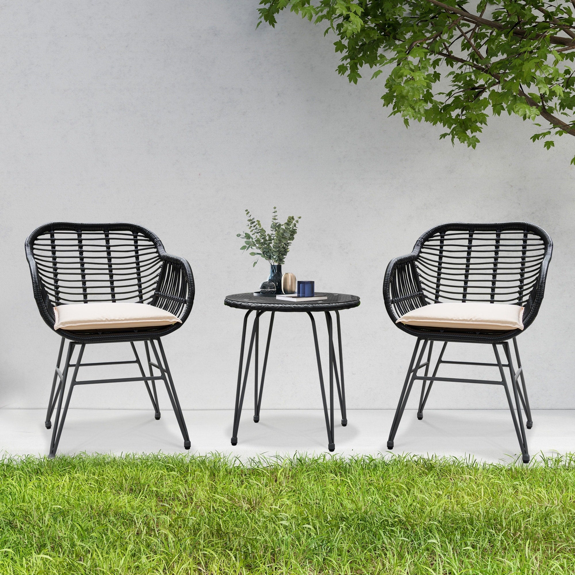 Ensemble de 3 chaises de jardin en osier avec coussins pour terrasse, piscine, jardin et véranda - 21,2 L x 23,6 l x 31,5 H