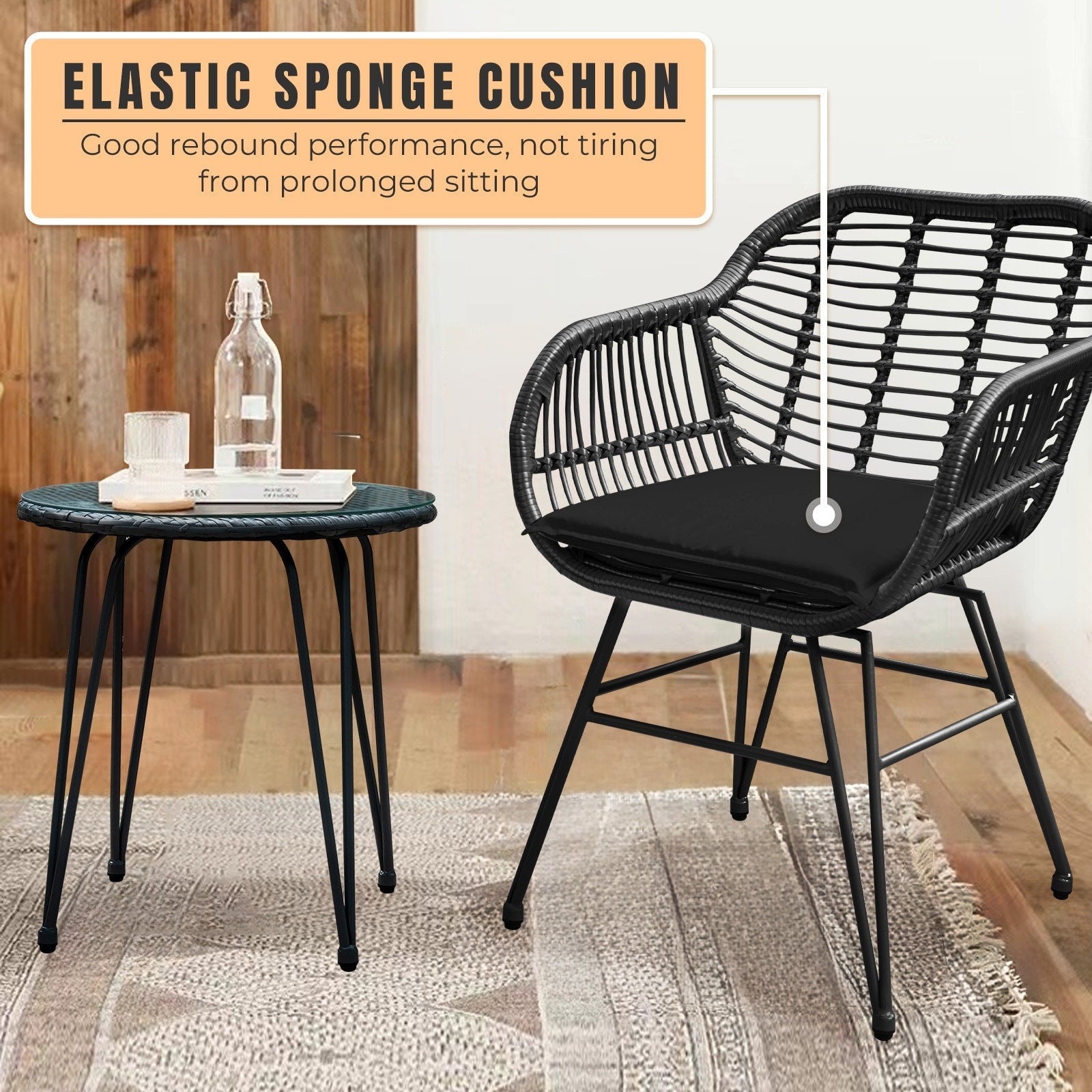 Ensemble de 3 chaises de jardin en osier avec coussins pour terrasse, piscine, jardin et véranda - 21,2 L x 23,6 l x 31,5 H