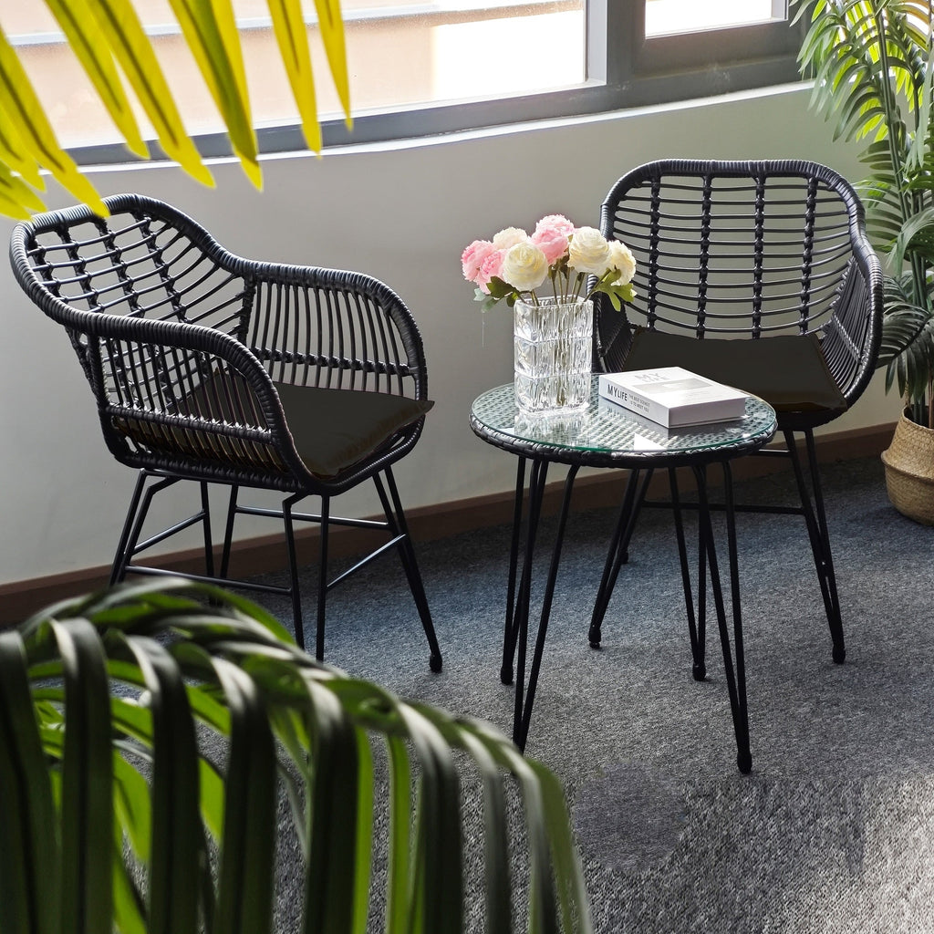 Ensemble de 3 chaises de jardin en osier avec coussins pour terrasse, piscine, jardin et véranda - 21,2 L x 23,6 l x 31,5 H