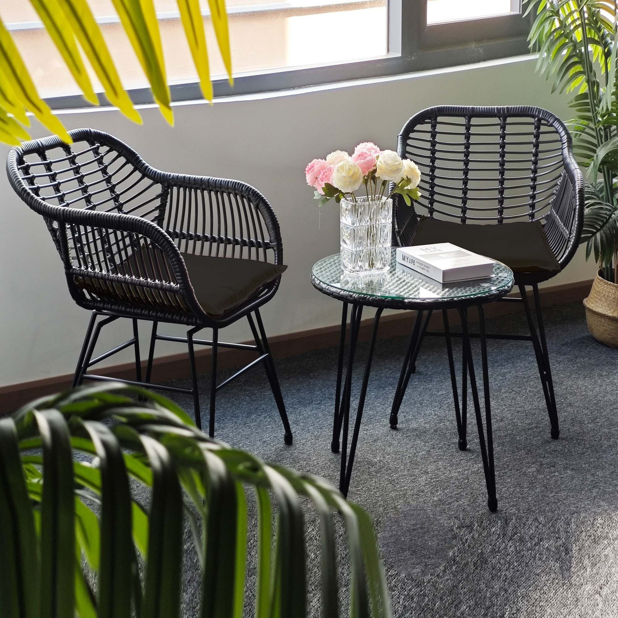 Ensemble de 3 chaises de jardin en osier avec coussins pour terrasse, piscine, jardin et véranda - 21,2 L x 23,6 l x 31,5 H