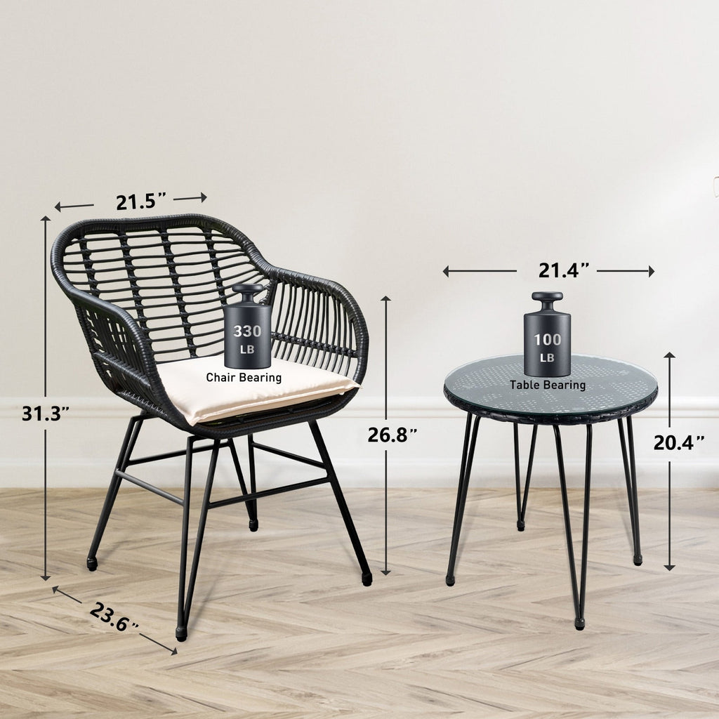 Ensemble de 3 chaises de jardin en osier avec coussins pour terrasse, piscine, jardin et véranda - 21,2 L x 23,6 l x 31,5 H