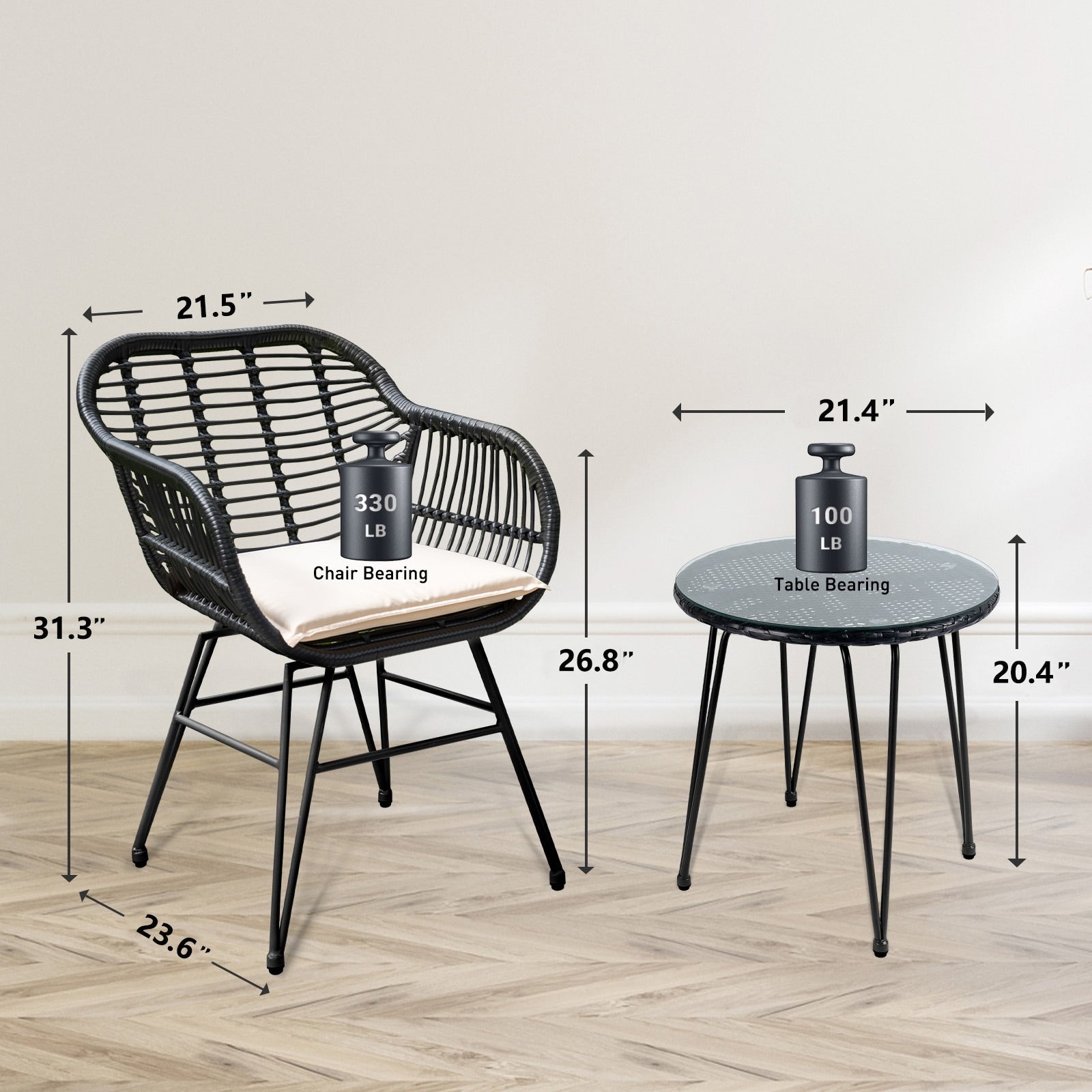 Ensemble de 3 chaises de jardin en osier avec coussins pour terrasse, piscine, jardin et véranda - 21,2 L x 23,6 l x 31,5 H