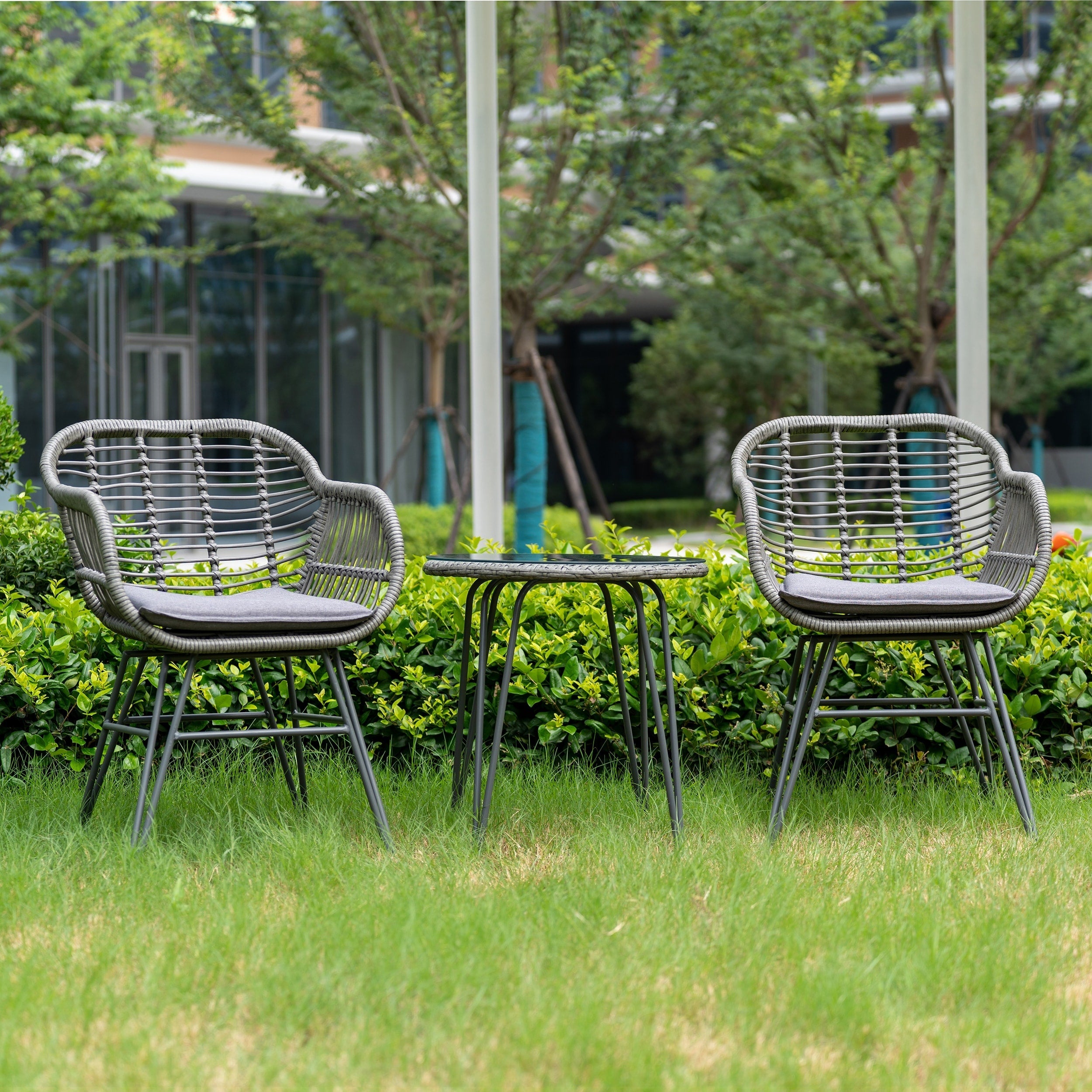 Ensemble de 3 chaises de jardin en osier avec coussins pour terrasse, piscine, jardin et véranda - 21,2 L x 23,6 l x 31,5 H