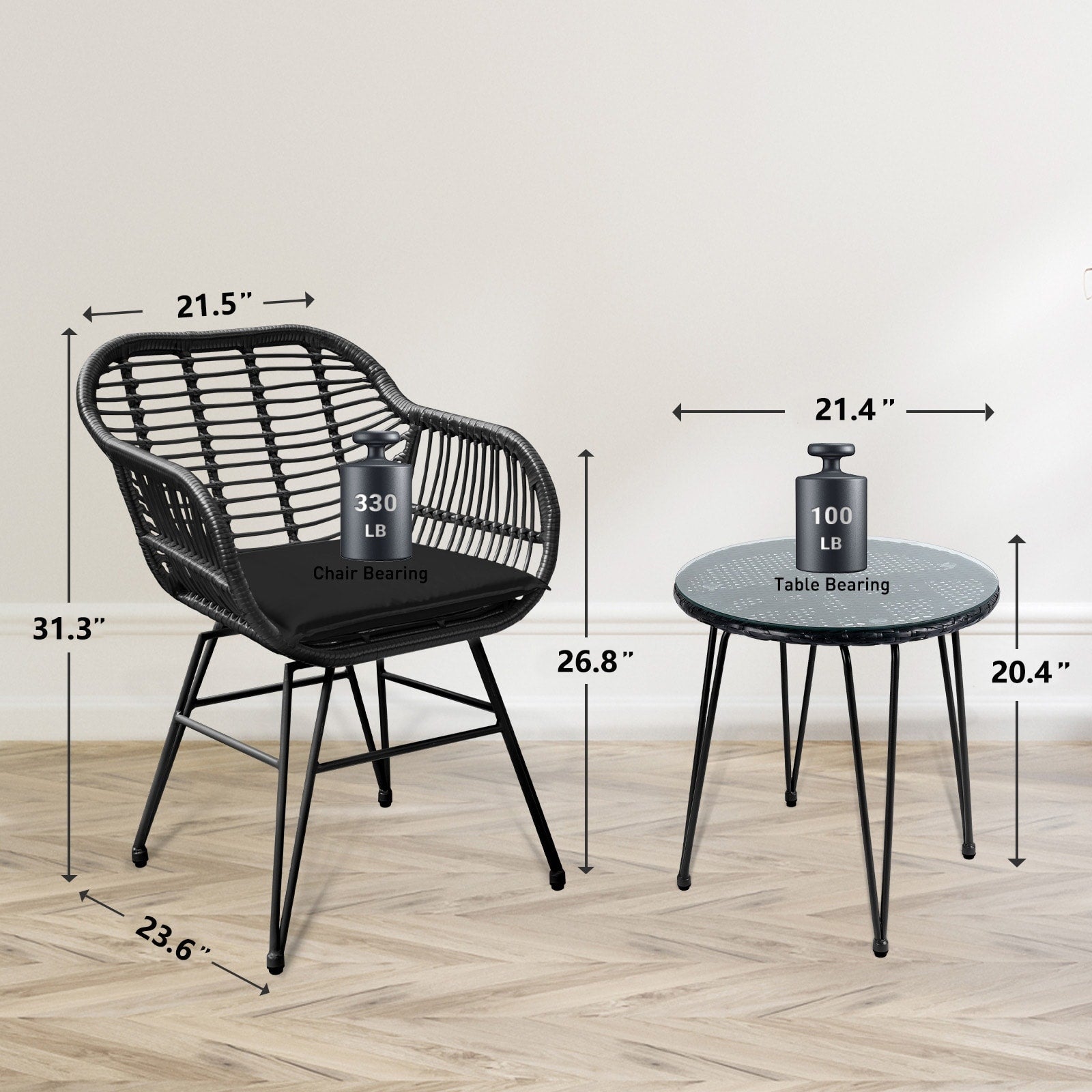Ensemble de 3 chaises de jardin en osier avec coussins pour terrasse, piscine, jardin et véranda - 21,2 L x 23,6 l x 31,5 H