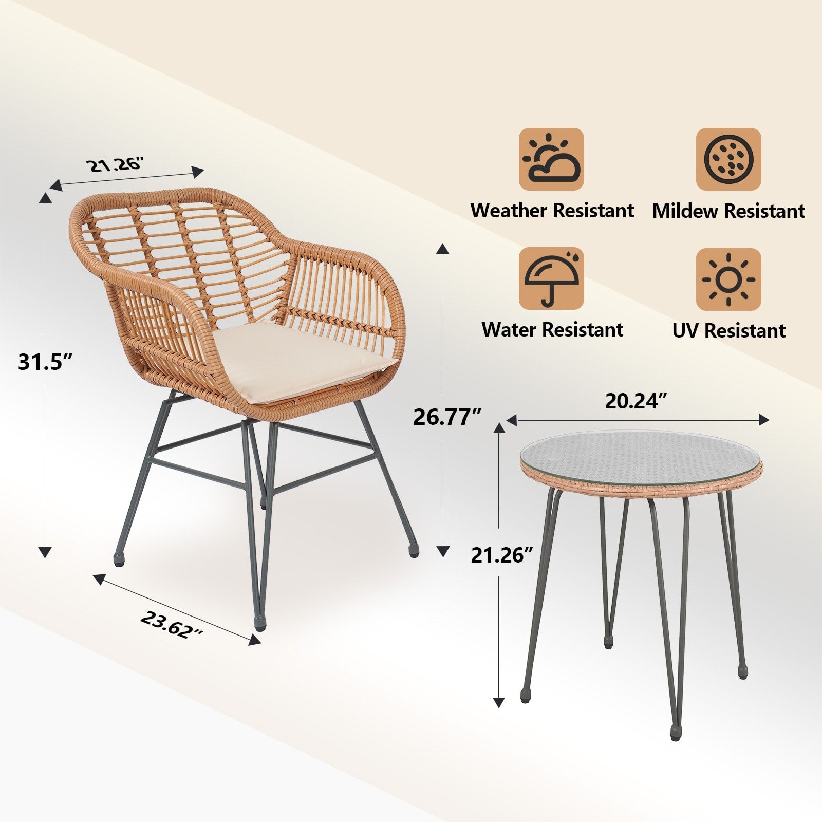 Ensemble de 3 chaises de jardin en osier avec coussins pour terrasse, piscine, jardin et véranda - 21,2 L x 23,6 l x 31,5 H
